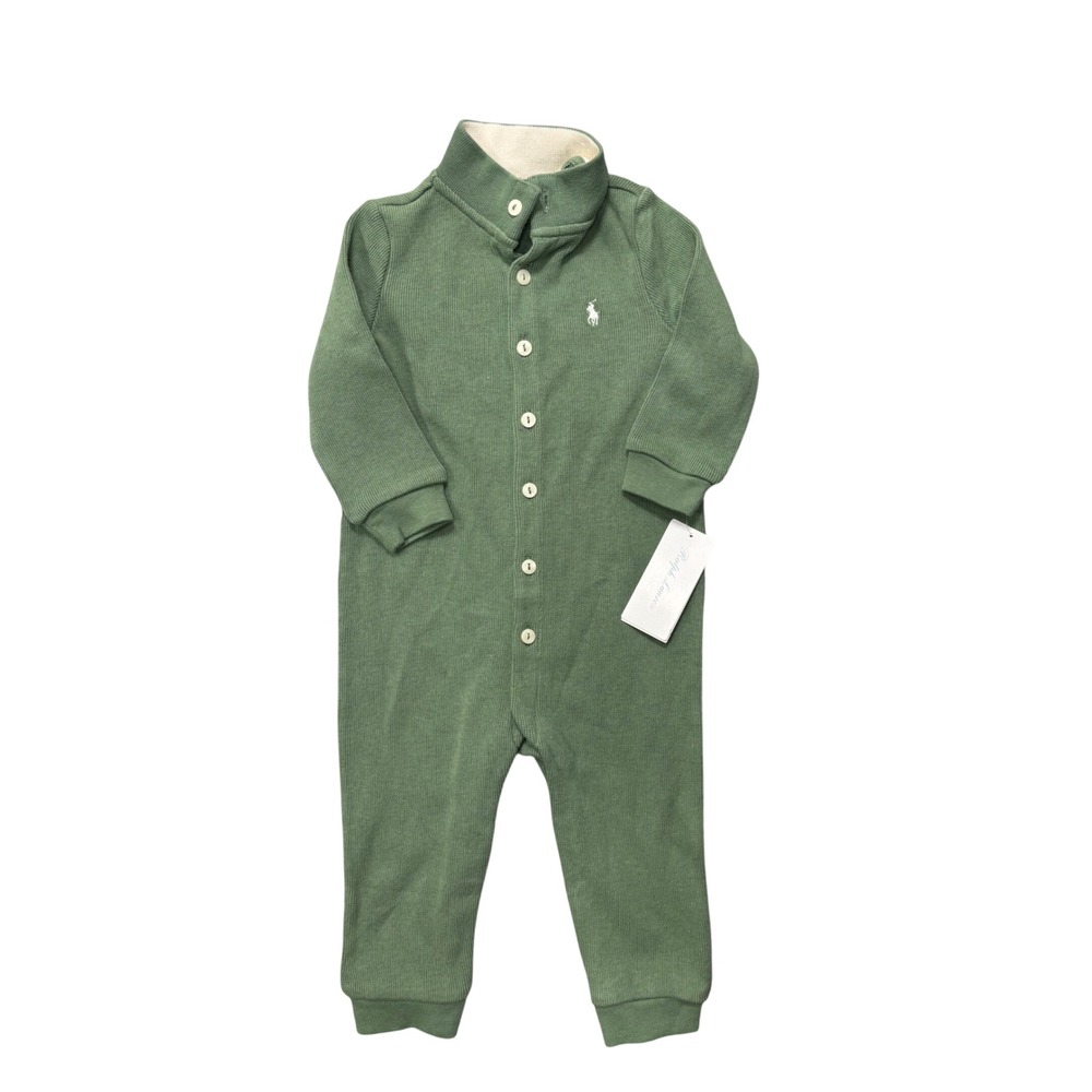 Ralph Lauren Romper 12M Thermal Cotton Sage Green Button Front Waffle Knit NEW